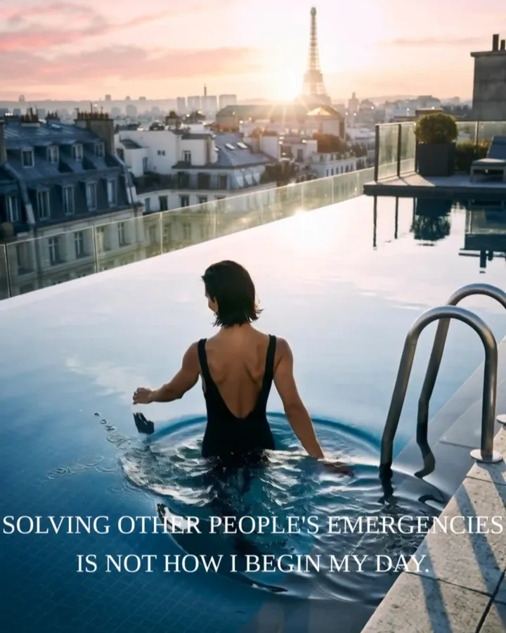 A rooftop pool at first light over Paris
