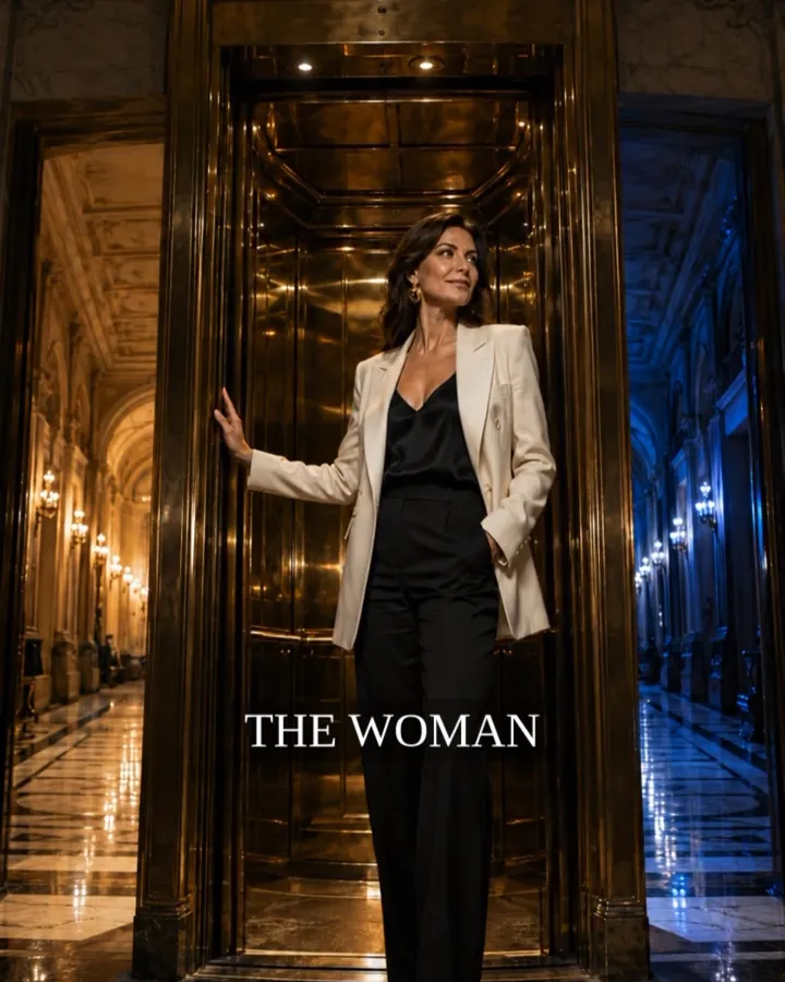 A woman steps out of a brass lift: The woman