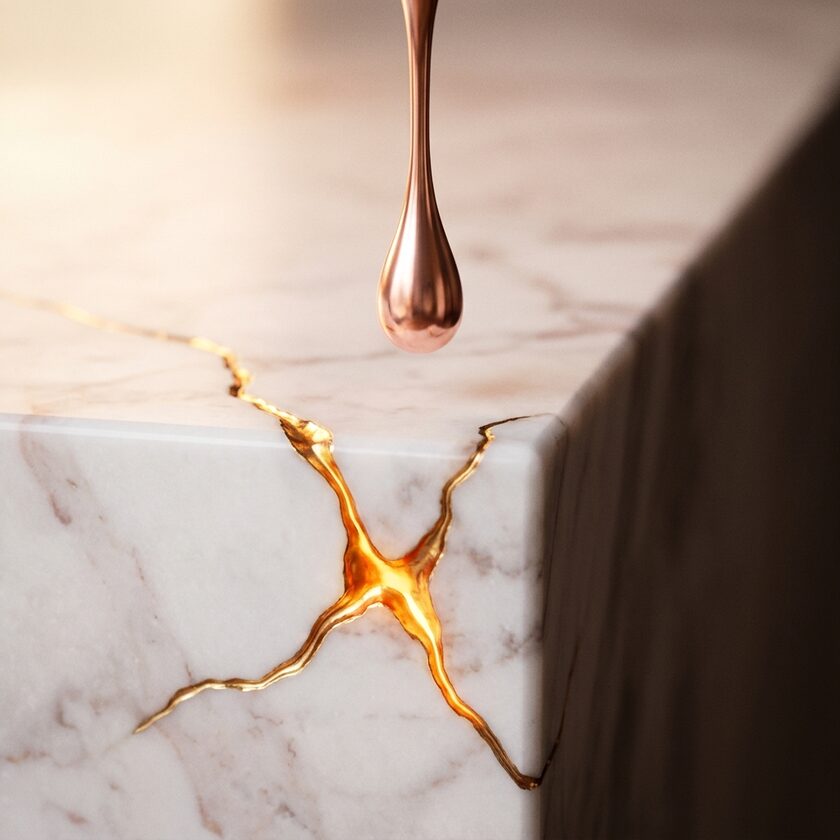 Liquid gold filling a seam in marble